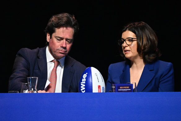 AFL CEO Gillon McLachlan (left) and North Melbourne President Dr Sonja Hood on Saturday.