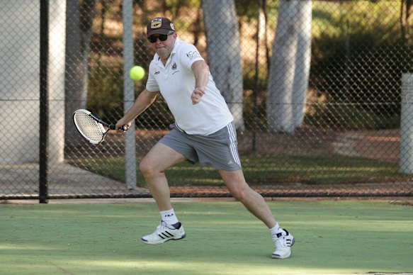 Anthony Albanese showing his tennis skills during a pollies v press gallery  match in 2019. 
