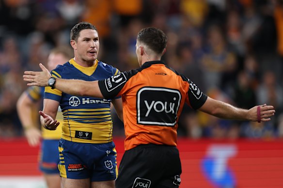 Mitchell Moses remonstrates with referee Peter Gough on Monday.