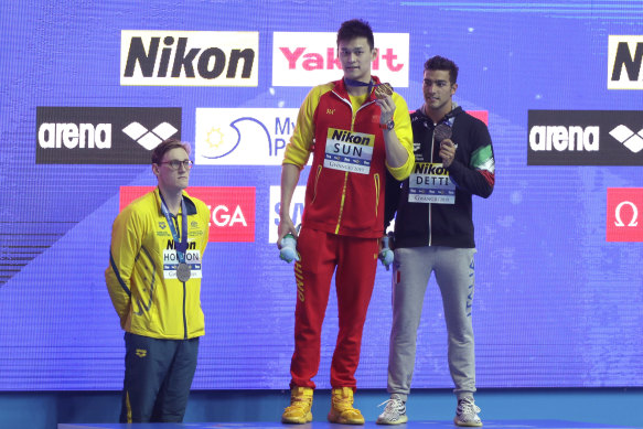 Sun Yang, who has been banned for eight years, and Mack Horton at last year's world titles in South Korea.