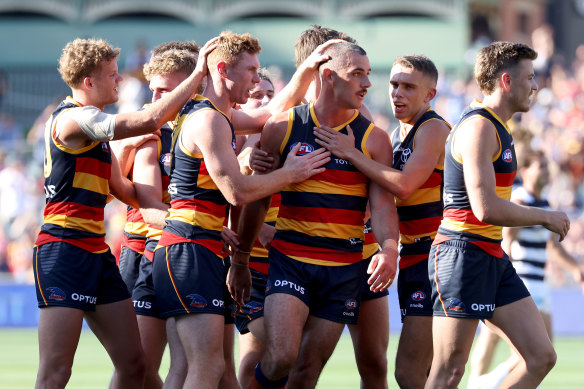 Taylor Walker is congratulated by teammates after scoring in the Crows’ win over Geelong.