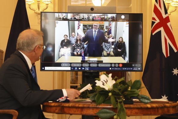 Keith Pitt at the swearing-in ceremony on Friday July 2, 2021, via video l<em></em>ink. Pitt learned later that year that the then-prime minister had also taken on the resources portfolio.