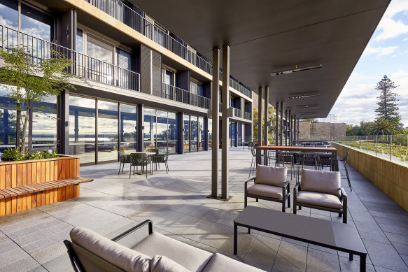 The outdoor terrace is the hotel’s scenic gathering spot.