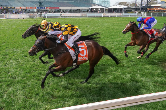 Favourite Zaaki finishes third behind Probabeel and Nonconformist in the Might And Power Stakes at Caulfield on Saturday.