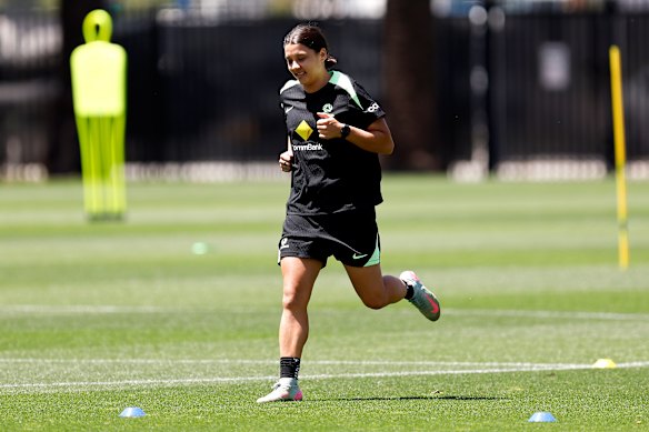 Sam Kerr trained with the Matildas under a restricted load in Gosford on Thursday.
