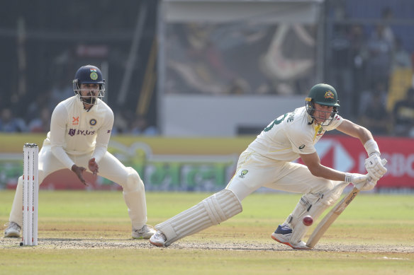 Marnus Labuschagne defends in Indore.