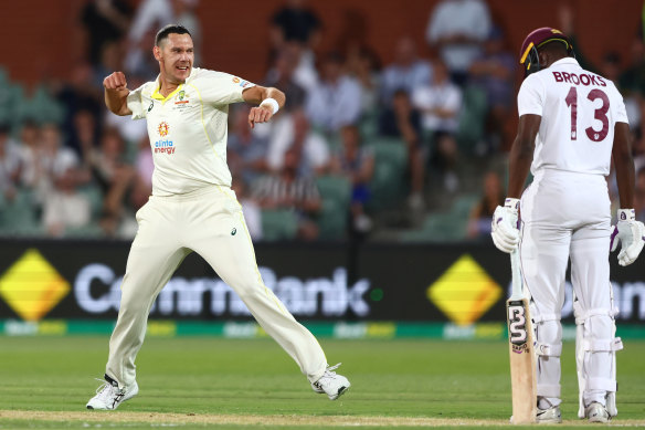 Scott Boland celebrates the wicket of Shamarh Brooks in the second Test against West Indies.