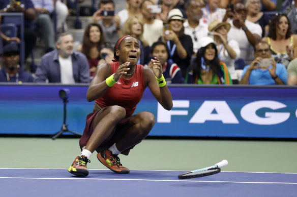 Coco Gauff reacts after defeating Aryna Sabalenka to win the 2023 US Open final.