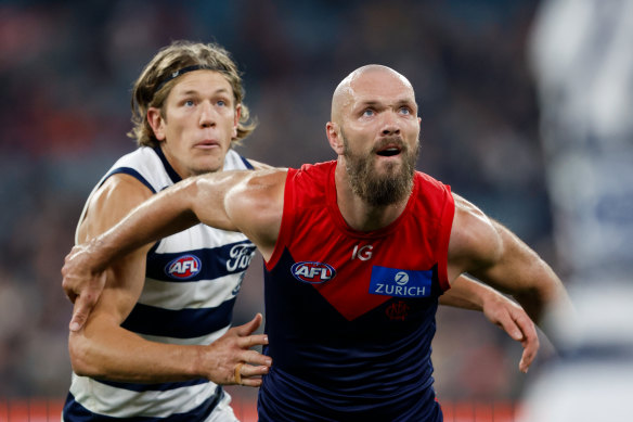 Rhys Stanley of the Cats and Max Gawn of the Demons.