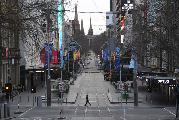 A near-empty Bourke Street during a Melbourne lockdown.