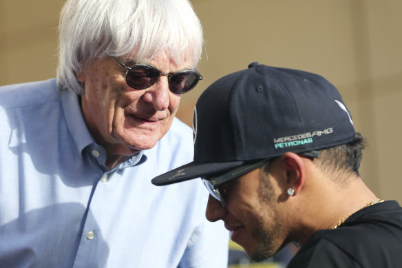Bernie Ecclestone with Lewis Hamilton at the Bahrain Grand Prix in 2015.