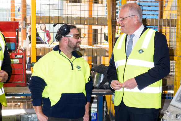 Scott Morrison visits Island Block and Paving in the seat of Lyons on Thursday morning.