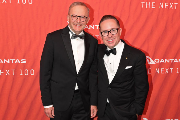 Anthony Albanese with then-Qantas CEO Alan Joyce at a 2023 gala celebrating the airline’s 100 years of operation.