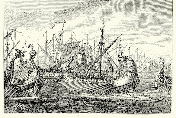 A vintage engraving showing the Battle of Salamis of 480BC, in which the Greek Navy under Themistocles defeated the Persian Empire’s much larger fleet.