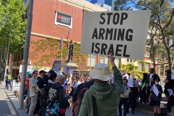 A rally at RMIT in Melbourne calling for the university to cut ties with Israeli company Elbit.