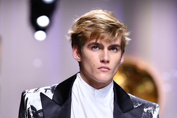 Presley Gerber walking the runway during the Balmain Homme Menswear Fall/Winter 2018-2019 show at Paris Fashion Week.
