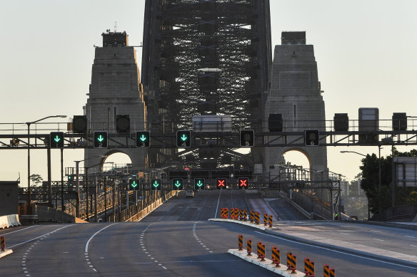 The Sydney Harbour Bridge was almost traffic free on Sunday, as Sydney’s lockdown kept most people at home.