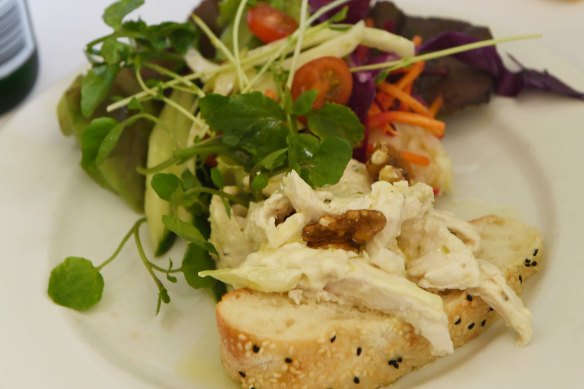 The lime marinated chicken breast and salad greens topped with walnuts.