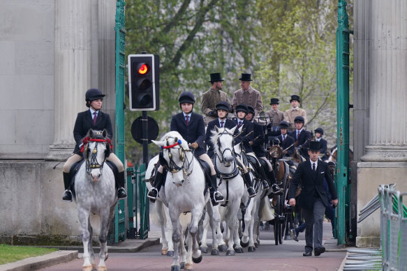 Six of the eight Windsor Grey horses which will pull the Gold State Coach in Hyde Park, central London, during a rehearsal for the coronation.