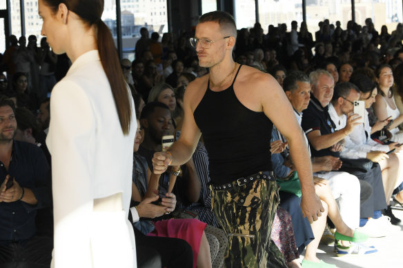 Designer Dion Lee struts the runway during the Dion Lee Spring 2023 fashion show.
