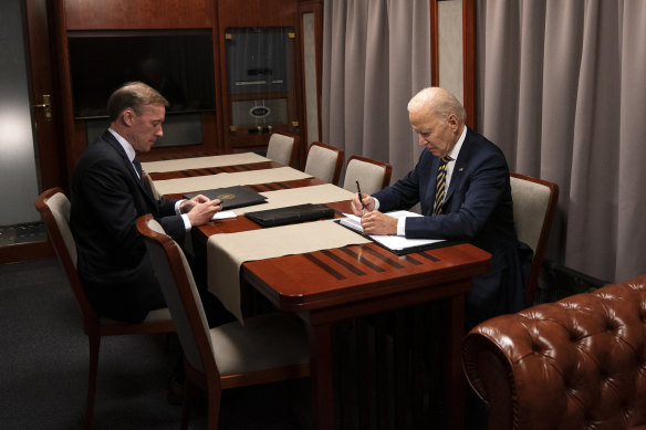 Joe Biden and Jake Sullivan in February, going over a speech the president gave marking the one-year anniversary of the war in Ukraine.