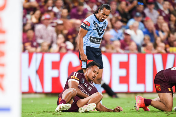 Some Queenslanders have taken offence at the image of Jarome Luai roaring at a prone Felise Kaufusi.