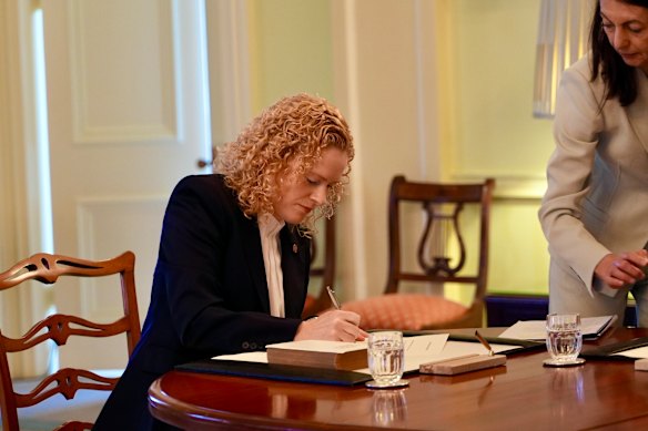 Amanda Stoker is sworn in to her new ministry at Government House on Saturday.