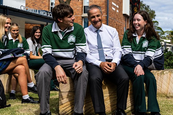 Principal Tony Ibrahim chats to senior students at Cronulla High. 