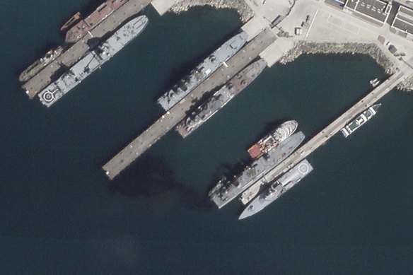 This satellite photo from Planet Labs appears to show the damaged Russian landing vessel Olenegorsky Gornyak leaking oil while docked at Novorossiysk, Russia.