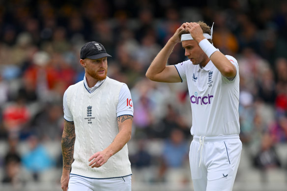 Ben Stokes and Stuart Broad on day four at Old Trafford.