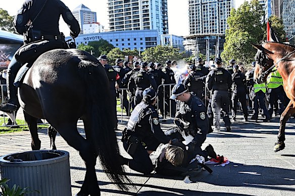 NSW Police detain a protester at Tumbalong Park.