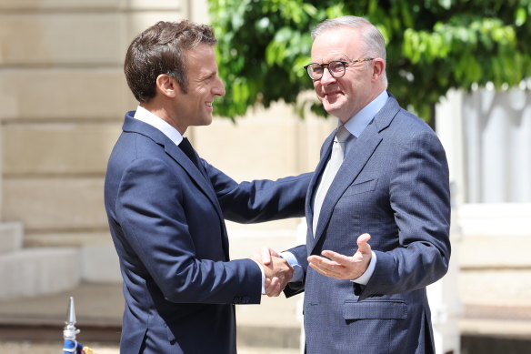 French President Emmanuel Macron meets Prime Minister Anthony Albanese in Paris in July last year.