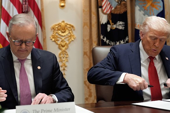Trump and Anthony Albanese meet in the Cabinet Room at the White House.
