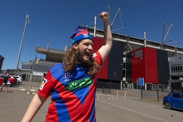 Diehard Newcastle Knights supporter Drew Armstrong outside of McDonald Jones Stadium.