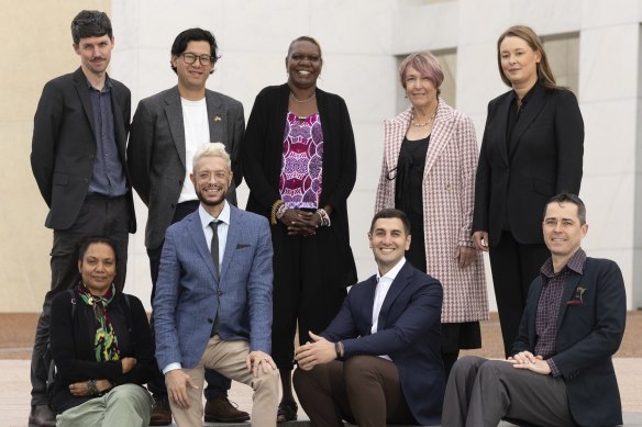 The Prime Minister’s Literary Award winners at Parliament House: (from front left) Leah Leaman, Daniel Browning, Will Kostakis, Gregory Crocetti; (and from left) Ryan Cropp, Andre Dao, Cecelia Edwards, Penny Smith and Amy Crutchfield.