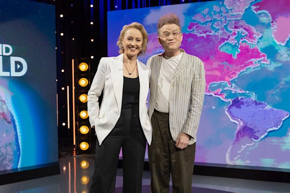 Race Around The World new host Zan Rowe with John Safran, who is now a judge on the show.
