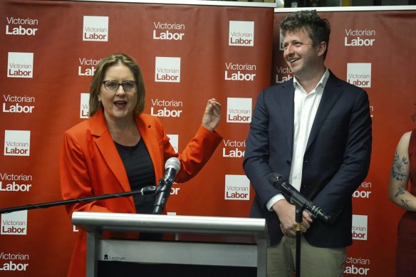 Labor Party candidate for Werribee John Lister and Premier Jacinta Allan on byelection night.