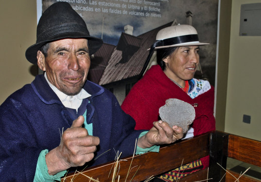 Baltasar Ushca, the last ice merchant of Chimborazo, and his daughter, with a piece of natural ice from Chimborazo’s glacier.