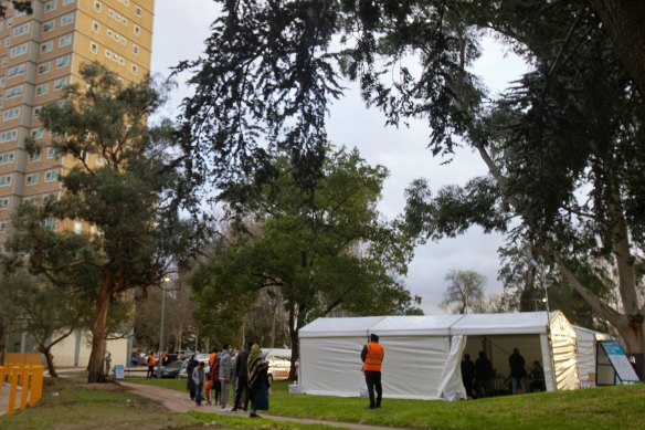 A pop-up COVID testing clinic at the Flemington housing towers on Saturday.