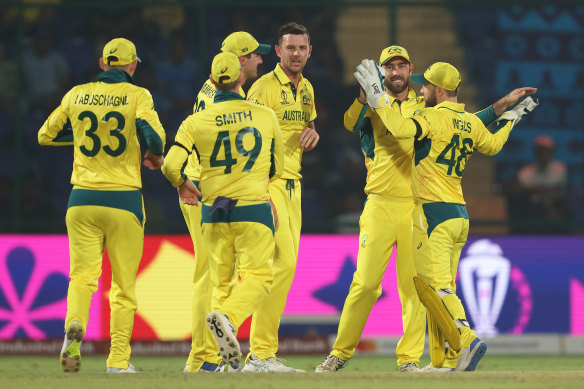 Glenn Maxwell celebrates after running out Vikram Singh