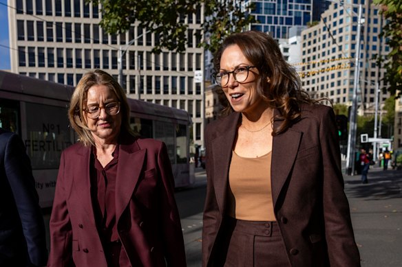 Premier Jacinta Allan and Treasurer Jaclyn Symes arrive at Parliament House on Tuesday.