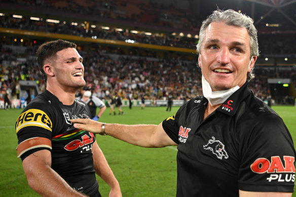 Nathan and Ivan Cleary after last year’s NRL title triumph.