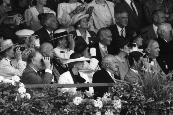 Princess Diana waiting for the running of the 125th Melbourne Cup. Media were banned from photographing the royals during the race itself.