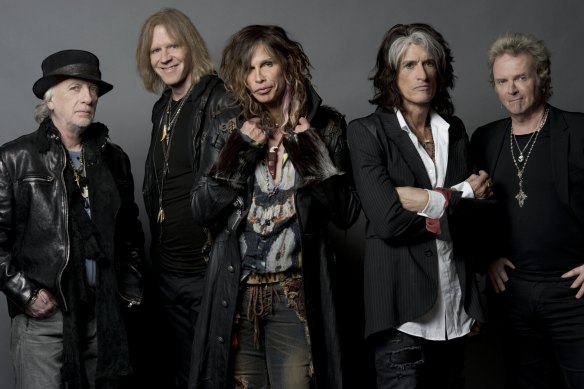 Aerosmith's original members, from left, Brad Whitford, Tom Hamilton, Steven Tyler, Joe Perry and Joey Kramer.
