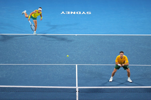 Sam Stosur and John Peers playing for Australia in Sydney last January.