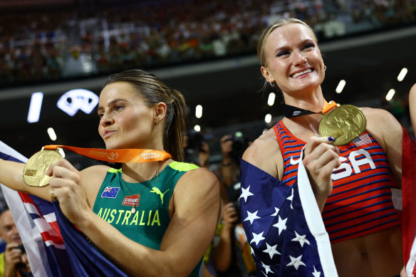 Women’s pole vault world champions Nina Kennedy of Australia, and the USA’s Katie Moon.