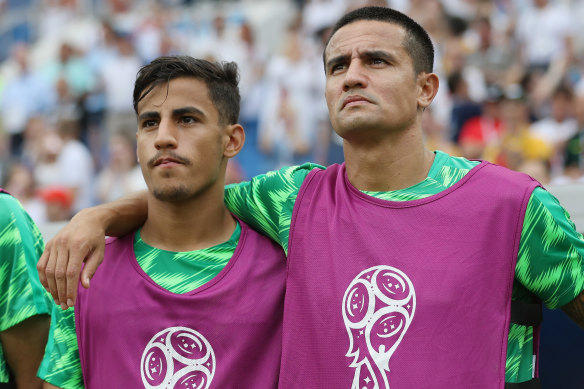 Daniel Arzani with Socceroos legend Tim Cahill at the 2018 World Cup.