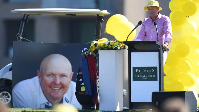 Tribute: Robert Allenby speaks at a public memorial service for Jarrod Lyle.