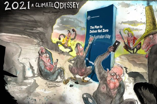 David Rowe cartoon on Scott Morrison’s climate policy plan.