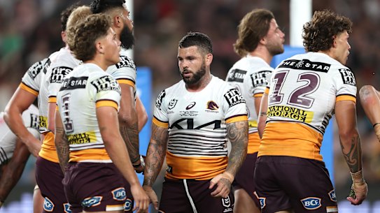 Adam Reynolds of the Broncos reacts after a Panthers try.